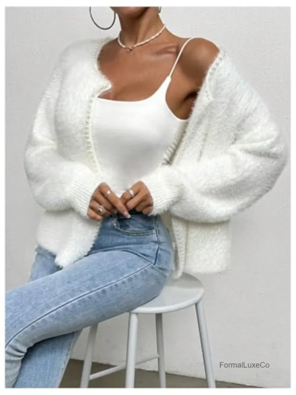 Fuzzy Open Front Cardigan Pearl Beaded Long Sleeve Knit Sweater